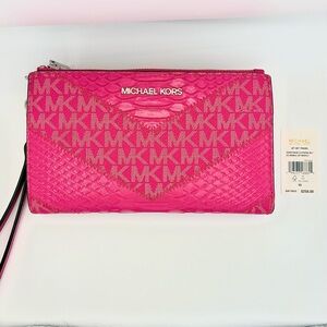 Michael Kors Large Double Zip Wristlet MK Logo Wallet Electric Pink NWT